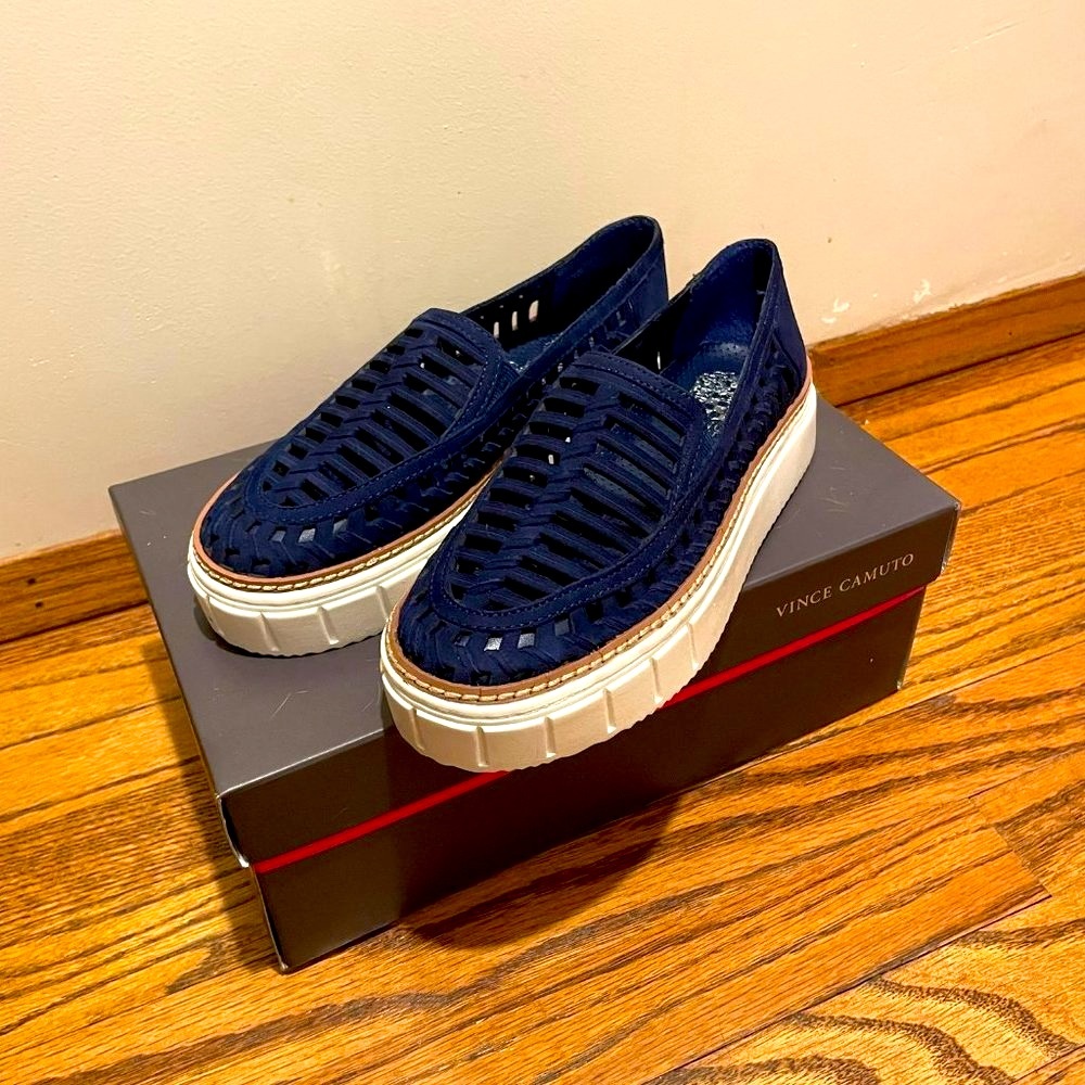 blue suede platform loafers from Vince Camuto